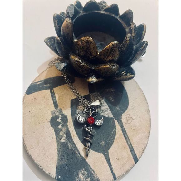 Pretty SILVER GOTH SWORD RED STONE NECKLACE - Picture 3 of 5